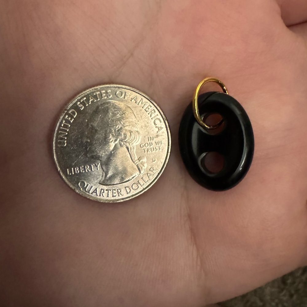Onyx Black Oval Puffy Mariner Pendant Charm with Gold Tone Jump Ring